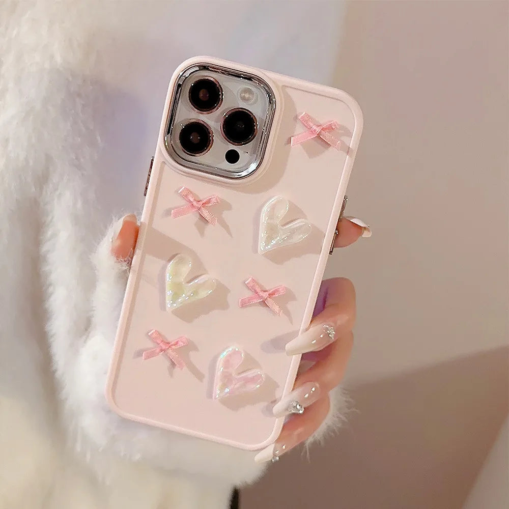 Ins Cute 3D Pearl Love Heart Phone Case For iPhone 16 15 14 13 12 11 Pro Max X XS XR 8 7 Plus SE 2022 Soft Silicone Bumper Cover - Caseverse