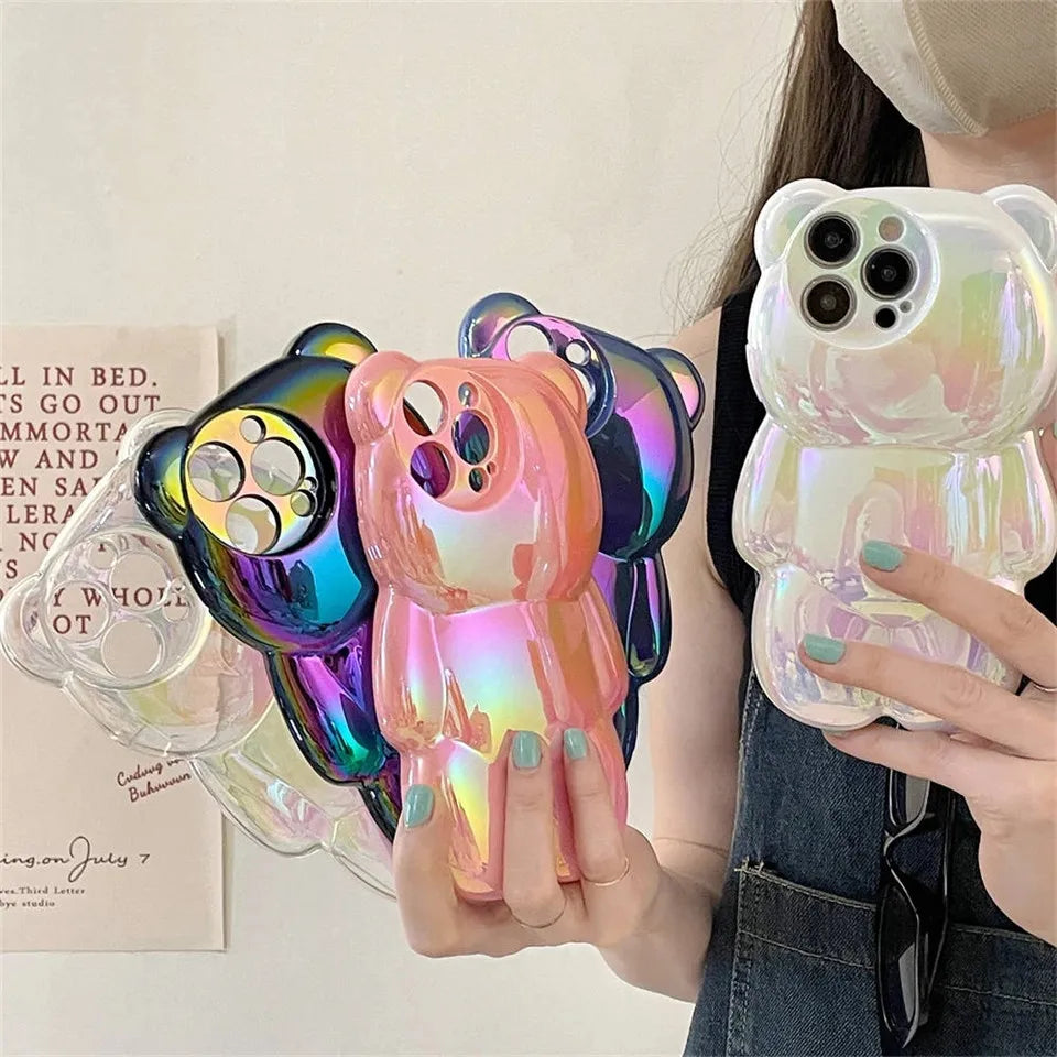 Stylish laser luxury cute 3D Bear shockproof phone case for iPhone 11 14 12 13 14 15 Pro Max Soft silicon anti-drop bumper cover - Caseverse