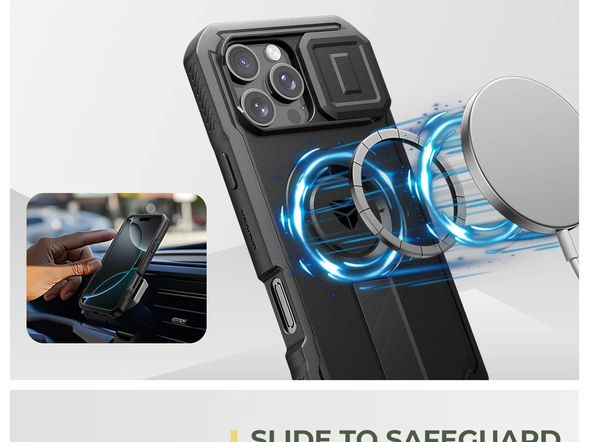 For iPhone 16 Pro Max Rugged Armor Shockproof Case with Built-in Sliding Camera Cover and Built-in Screen Protector Kickstand - Caseverse