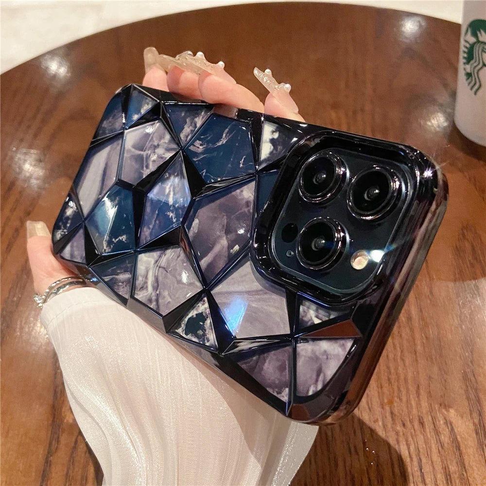 Plating Glitter Diamond Pattern Colorful Marble Phone Case For iPhone 15 13 11 12 14 Pro Max Soft Silicone Transparent Cover - Caseverse
