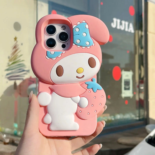 3D Kawaii Cute Cartoon Japan Sanrio Melody Phone Case For iPhone 16 15 Pro 14 13 12 Pro Max Cases Shockproof Soft Silicone Cover - Caseverse
