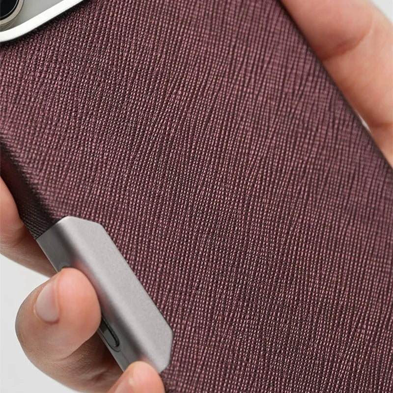 Alloy Lens Silk Texture PU Leather MagSafe Phone Case For iPhone 16 16pro max 15 Pro 14 13 Wireless Charging Hard Armor Cover - Caseverse