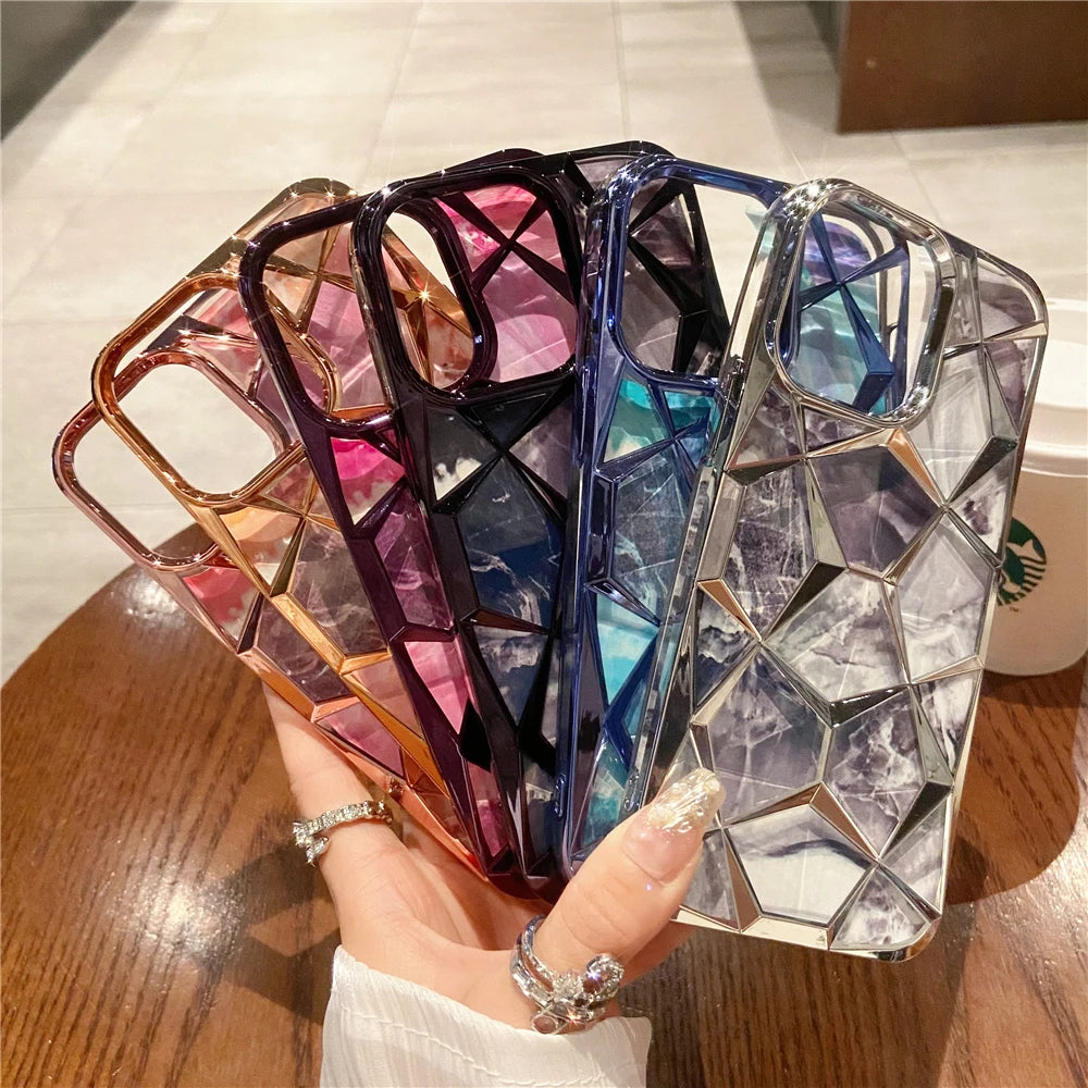 Plating Glitter Diamond Pattern Colorful Marble Phone Case For iPhone 15 13 11 12 14 Pro Max Soft Silicone Transparent Cover - Caseverse