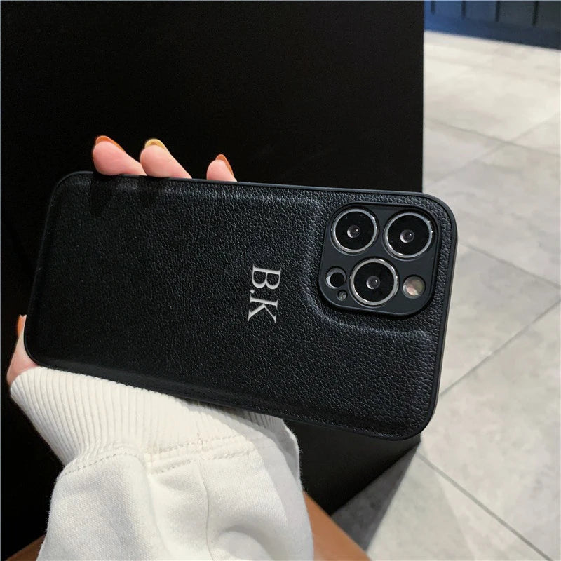 Personalized Case For iPhone 16 15 14 13 12 11 Pro Max Custom Name initials Leather Cover For iPhone 16 Pro Max Silver Letters Caseverse