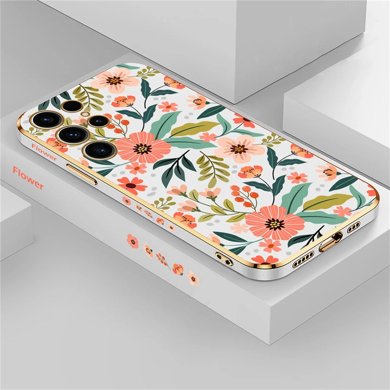 S24 Plus Luxury Plating Phone Case For Samsung Galaxy S24 Ultra S24 5G A25 A24 A15 Shockproof Flowers Pattern Back Cover Coque - Caseverse