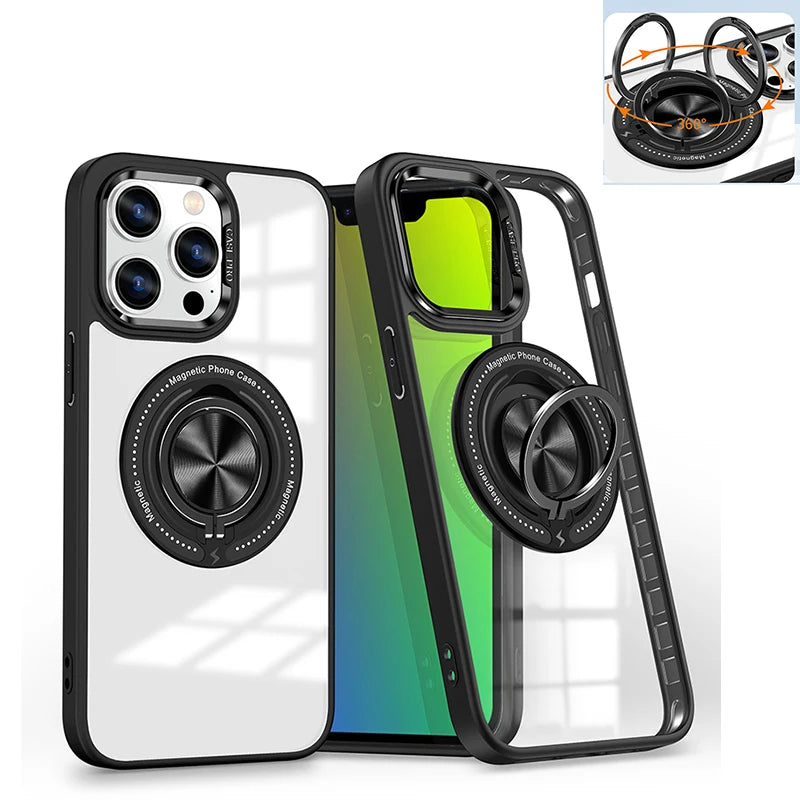 Metal Ring Magnetic Bracket Wireless Charging Phone Case for iPhone 16 15 14 Pro Max