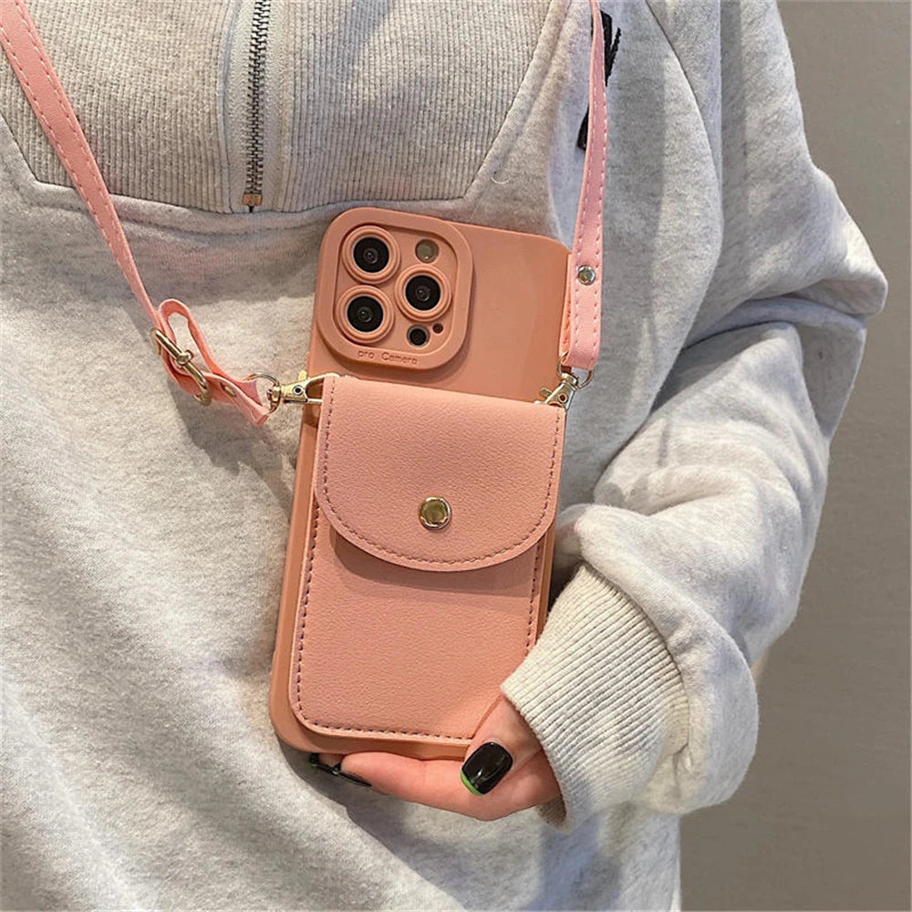 Wallet Leather Crossbody Neckband Lanyard Phone Case for iPhone 15 14 11 12 13 Pro Max X XS XR 7 8 Plus Luxury Card Holder Cover - Caseverse