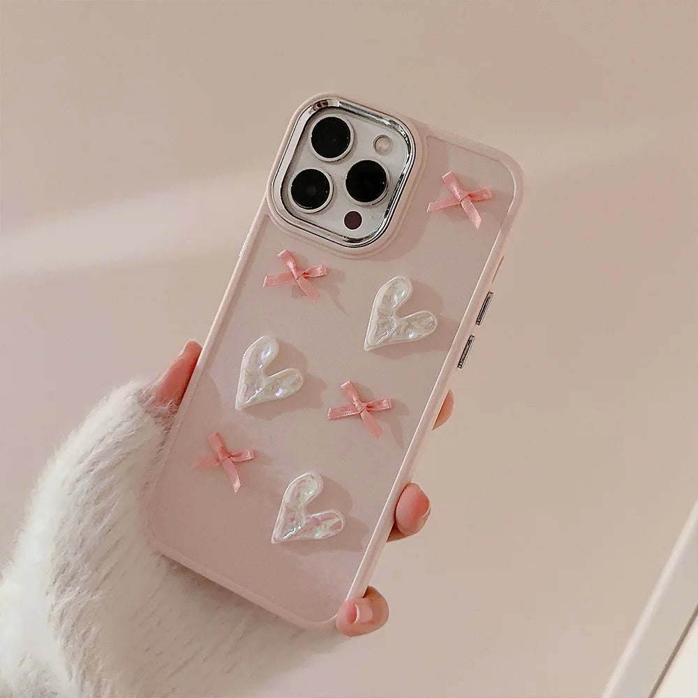 Ins Cute 3D Pearl Love Heart Phone Case For iPhone 16 15 14 13 12 11 Pro Max X XS XR 8 7 Plus SE 2022 Soft Silicone Bumper Cover - Caseverse