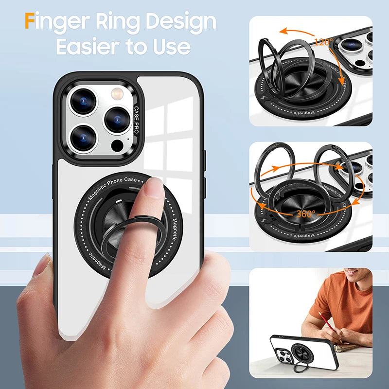 Metal Ring Magnetic Bracket Wireless Charging Phone Case for iPhone 16 15 14 Pro Max