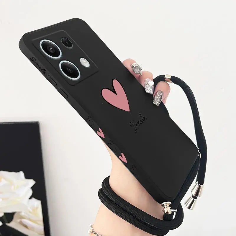 Note13 Big Red Heart Lanyard Silicone Phone Case For Xiaomi Redmi Note 13 13Pro Shatterproof Redmi Note 13ProPlus Back Cover