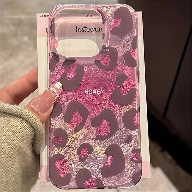 Phone Case for iPhone 16 Pro Max 15 14 Plus 13 12 11 XS X XR 7 8 SE 2022 Cute Pink Leopard Print Stylish Lovely Heart Soft Cover - Caseverse