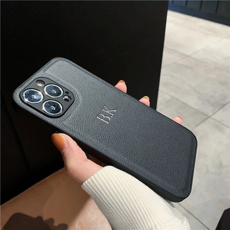 Personalized Case For iPhone 16 15 14 13 12 11 Pro Max Custom Name initials Leather Cover For iPhone 16 Pro Max Silver Letters Caseverse