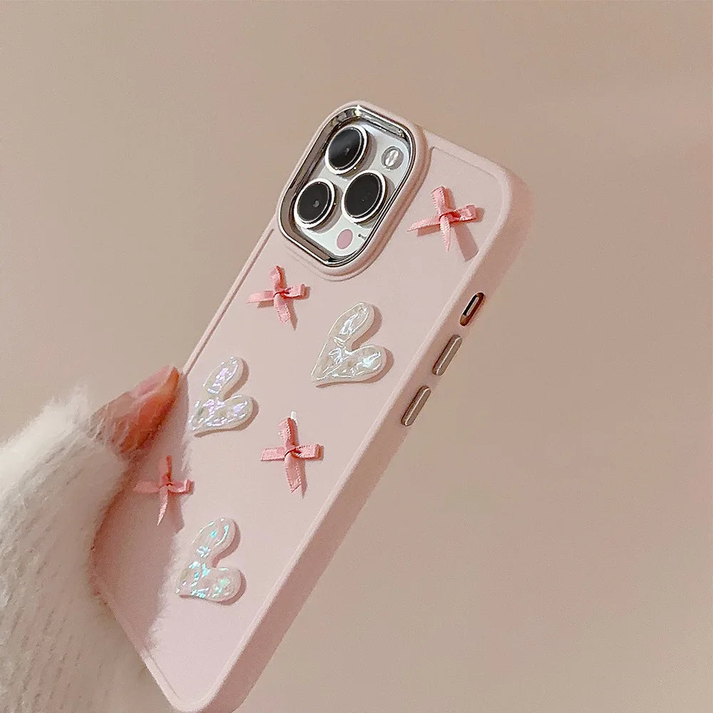 Ins Cute 3D Pearl Love Heart Phone Case For iPhone 16 15 14 13 12 11 Pro Max X XS XR 8 7 Plus SE 2022 Soft Silicone Bumper Cover - Caseverse