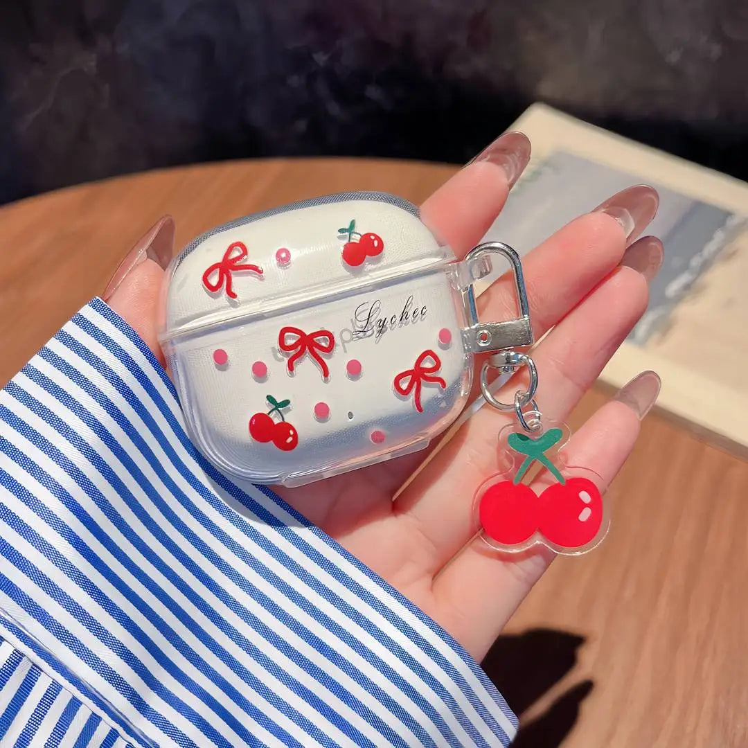 Suitable For Lenovo LP40 TWS Earphone Protective Case Cartoon Cherry Bow Headset Soft TPU Clear Earphone Cover With Keychain Caseverse