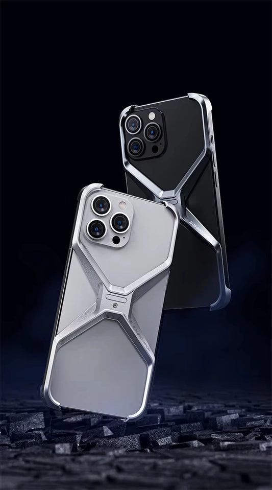 Luxury Aluminum Rimless Phone Case For iPhone 16 15 13 14 Pro Max Metal X Type Removable Heat Dissipation Armor Shockproof Cover