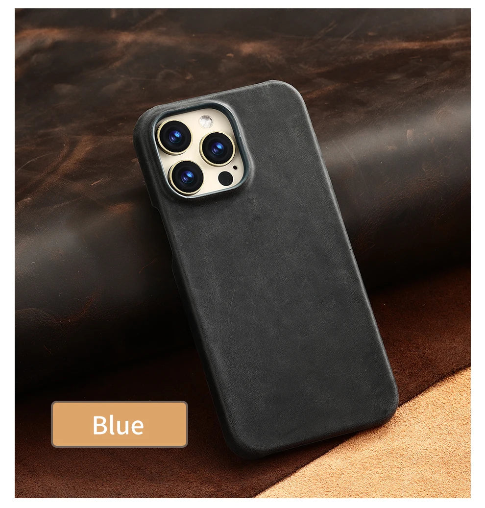 Retro Cowhide Phone Case for iPhone 16 15 13 14 Pro Max 16Pro 14Pro 15Pro Luxury Crazy Horse Genuine PULL-UP Leather Back Cover Caseverse