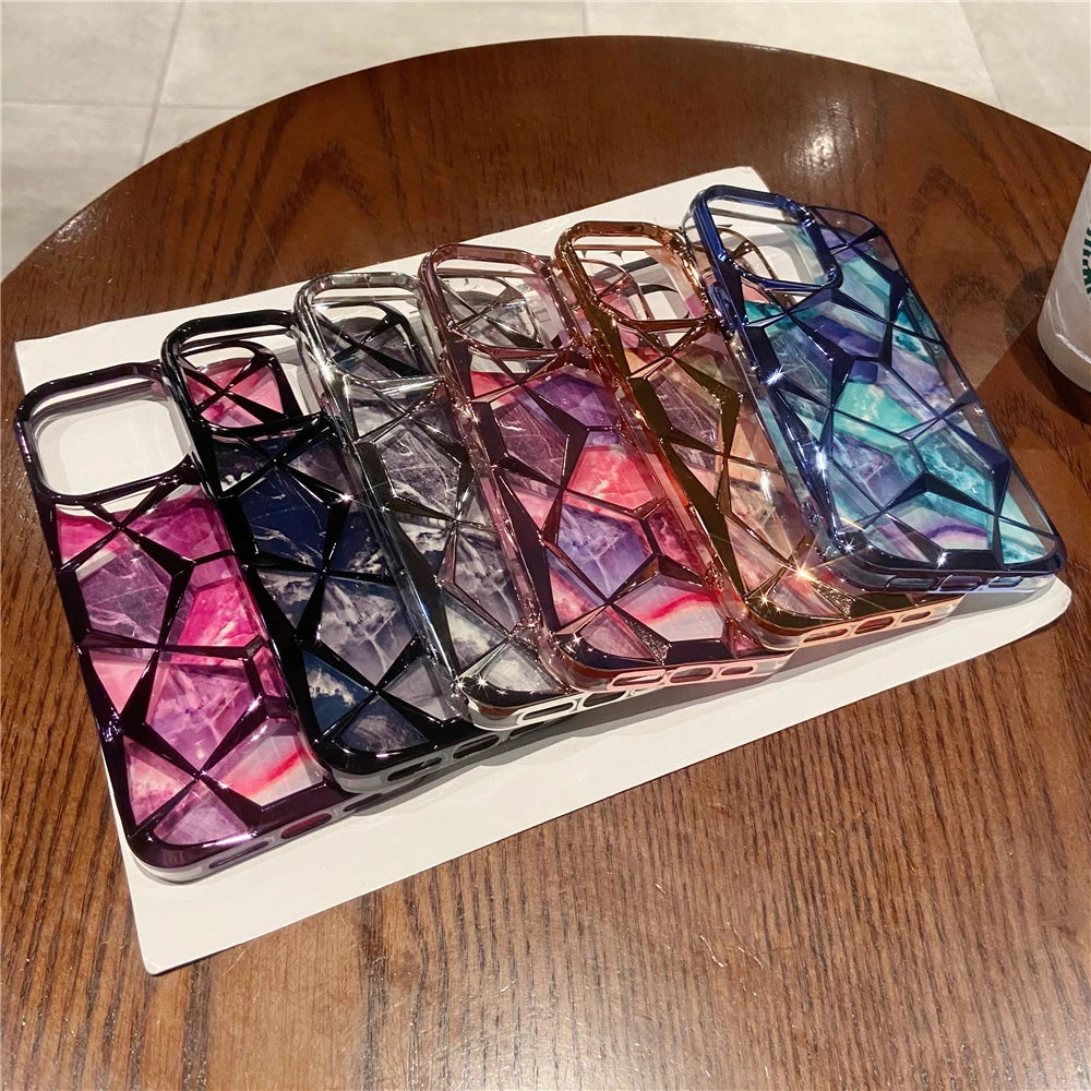 Plating Glitter Diamond Pattern Colorful Marble Phone Case For iPhone 15 13 11 12 14 Pro Max Soft Silicone Transparent Cover - Caseverse