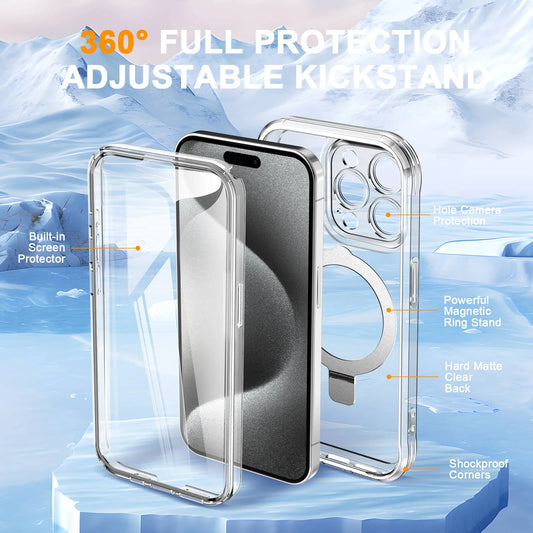 Case for iPhone 16/15/14/13 Pro Max 16 15 14 Plus, Built-in PET Screen Protector with Ring Holder Kickstand, Full Body Cover - Caseverse