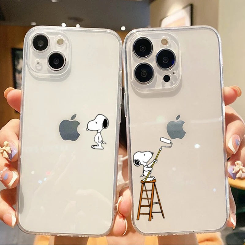 S-Snoopy Cute Cartoon Transparent Phone Case For iPhone 16 15 13 12 11 Pro Max Xr Xs Max 14 Plus 8 Plus Case Cute Soft Cover Y2k - Caseverse