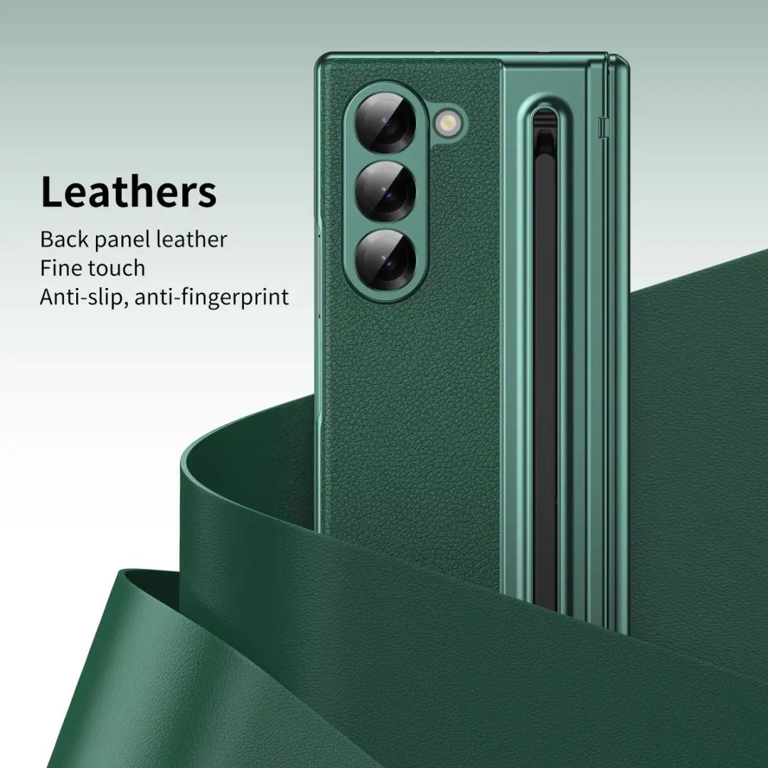 For Galaxy Fold6 S Pen Leather Phone Case Hinge Protection & Built-in Screen Protector Leather Phone Cover for Fold5 Fold4 Black - Caseverse