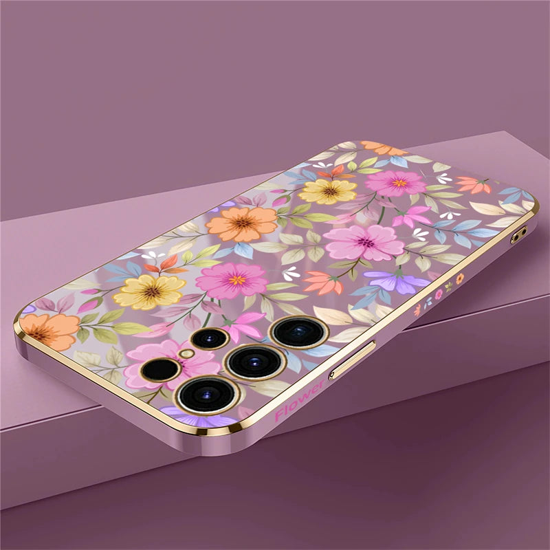 S24 Plus Luxury Plating Phone Case For Samsung Galaxy S24 Ultra S24 5G A25 A24 A15 Shockproof Flowers Pattern Back Cover Coque - Caseverse