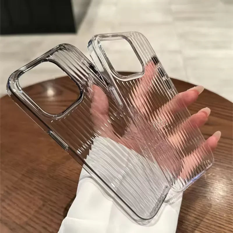 Metal Button Key Vertical Stripe Corrugated Clear Phone Case for IPhone 13 14 15 16 Pro Max Shockproof PC Protective Back Cover Caseverse