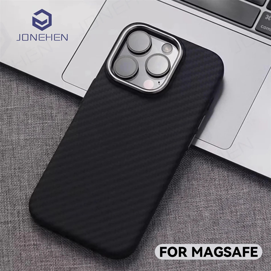 Luxury Alloy Lens 3D Relief Black Carbon Fibre Pattern Case For iPhone 13 14 15 16 Pro Max Slim Shockproof PC Cover For Magsafe Caseverse