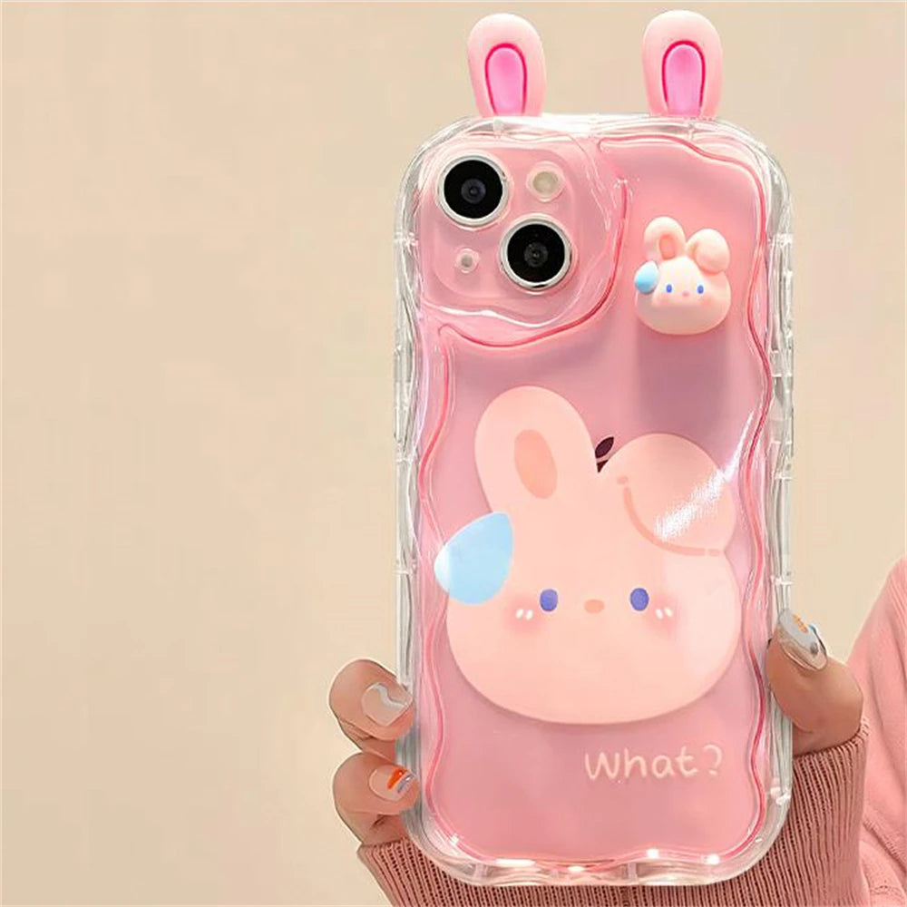 Korean Cute 3D Bear Frog Rabbit Ear Soft Silicone Phone Case For iPhone 14 15 Pro Max 13 12 Pro 11 Cartoon Clear Cover - Caseverse