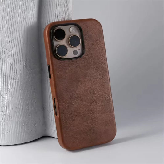 Luxury Business Vintage Leather Magnetic Phone Case for IPhone 16 Plus 15 14 13 12 Pro Max Metal Camera Frame Shockproof Cover Caseverse