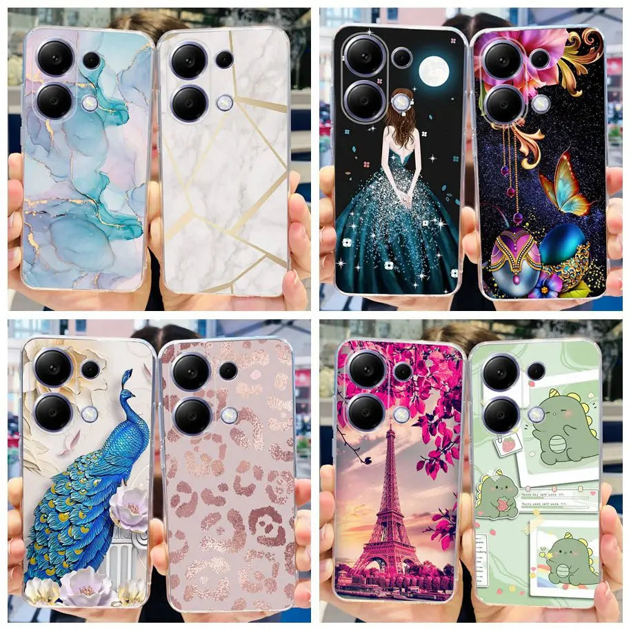 Eight clear silicone phone cases for Xiaomi Poco M6 Pro 4G with various designs.
