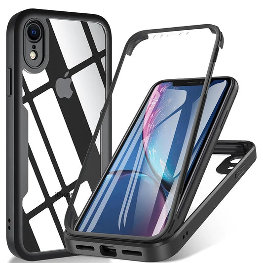 A black and clear 360-degree phone case with a built-in screen protector.