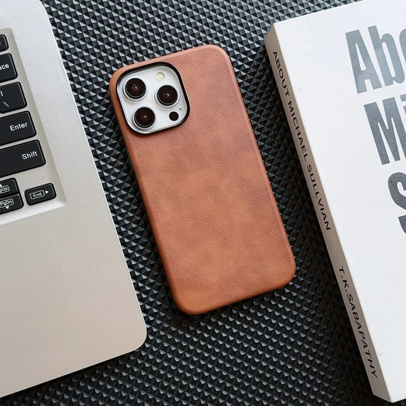 Luxury Business Vintage Leather Magnetic Phone Case for IPhone 16 Plus 15 14 13 12 Pro Max Metal Camera Frame Shockproof Cover Caseverse