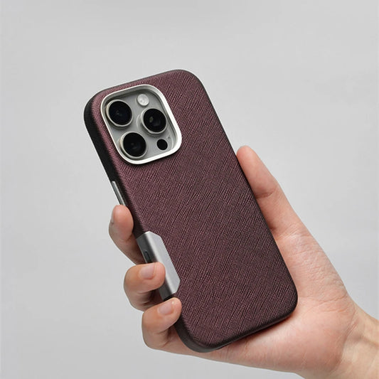 Alloy Lens Silk Texture PU Leather MagSafe Phone Case For iPhone 16 16pro max 15 Pro 14 13 Wireless Charging Hard Armor Cover - Caseverse