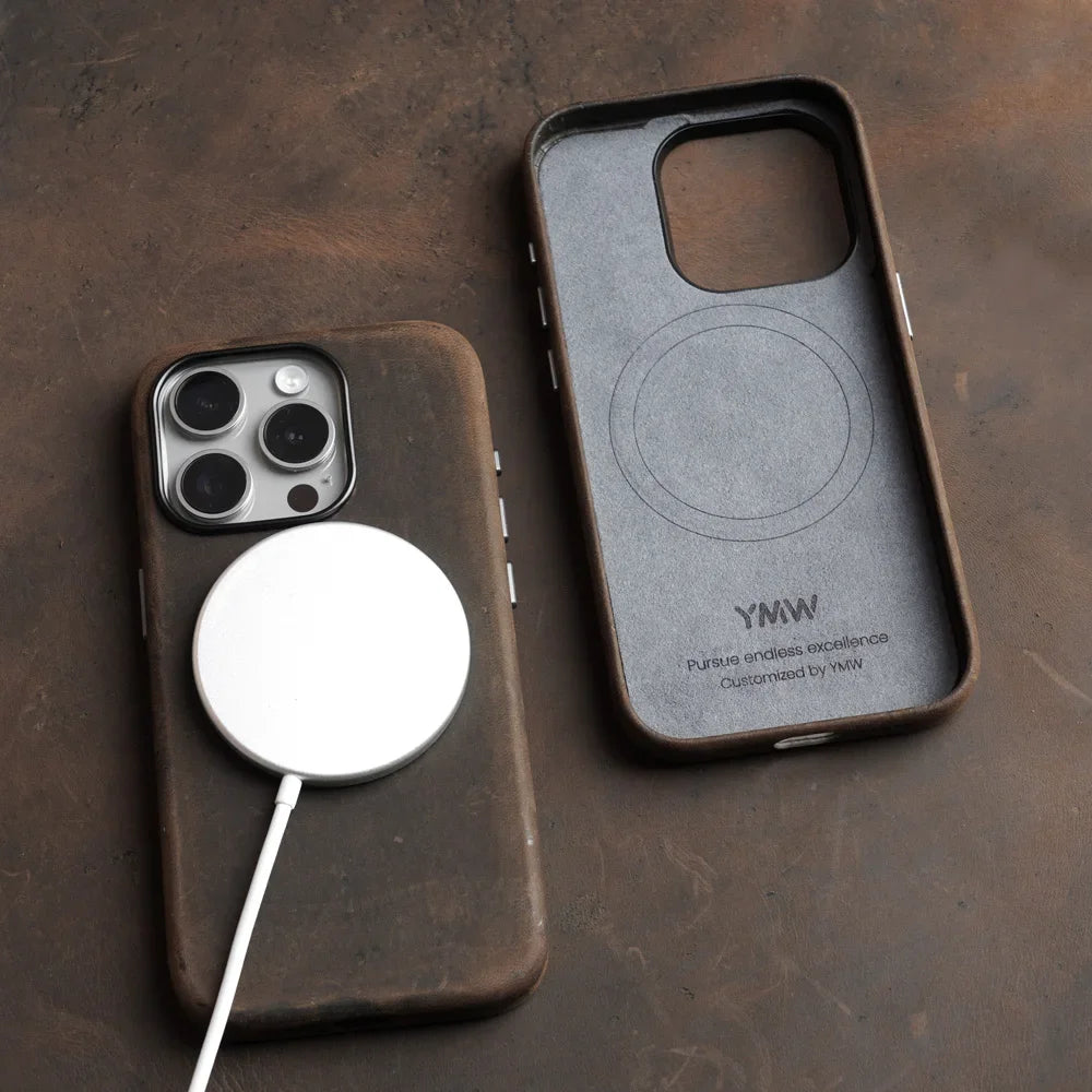 YMW Italian Crazy Horse Genuine Leather Case for iPhone 16 Pro Max 15 14 Personality Cowhide Magnetic Phone Cover - Caseverse