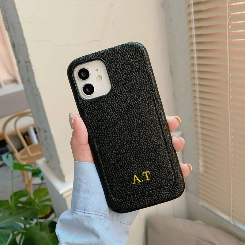 Personalized Phone Case with Card Holder Custom Initials Protective Cover iPhone16Promax 11 12 13 14 15Pro Max XS XR Mini Caseverse