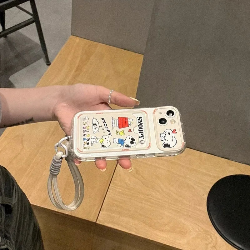 Cute Cartoon Peanut Snoopy Card Holder Pocket Phone Case For iPhone 16 15 14 13 12 11 Pro Max Cases Soft TPU Cover With Lanyard Caseverse