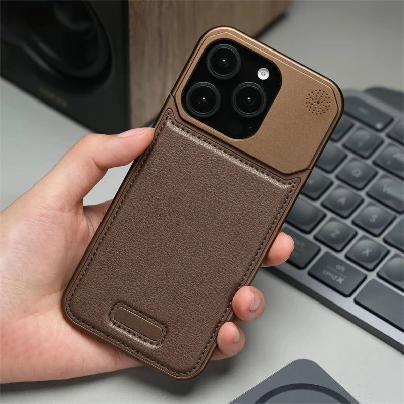 Aluminum Alloy Leather Magnetic Phone Case For iPhone 16 16pro 15 14 Pro Max Wireless Charging Metal Frameless Shockproof Cover Caseverse