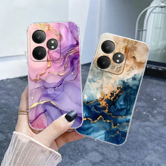 Two marble-patterned phone cases, one pink and purple, the other blue and brown.