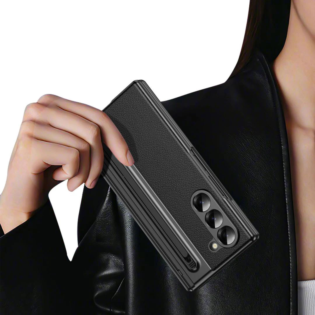 For Galaxy Fold6 S Pen Leather Phone Case Hinge Protection & Built-in Screen Protector Leather Phone Cover for Fold5 Fold4 Black - Caseverse