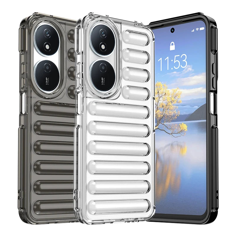 Two clear silicone phone cases, one transparent and one smoky, are shown with a phone.