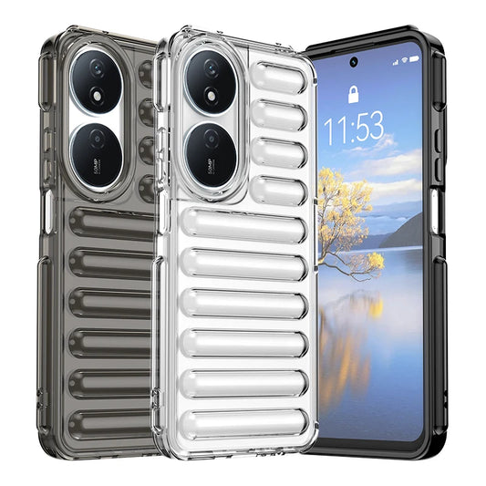 Two clear silicone phone cases, one transparent and one smoky, are shown with a phone.