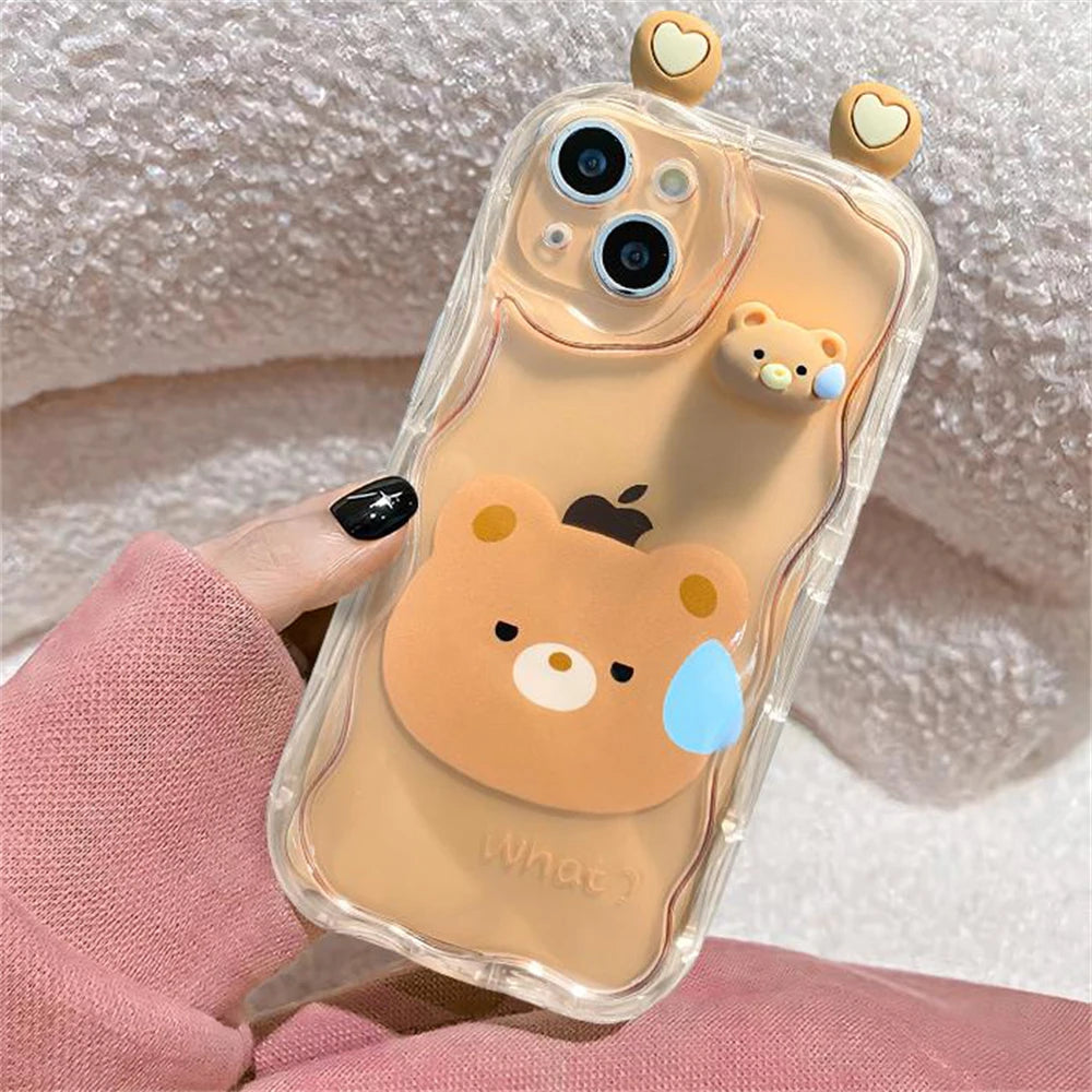 Korean Cute 3D Bear Frog Rabbit Ear Soft Silicone Phone Case For iPhone 14 15 Pro Max 13 12 Pro 11 Cartoon Clear Cover - Caseverse