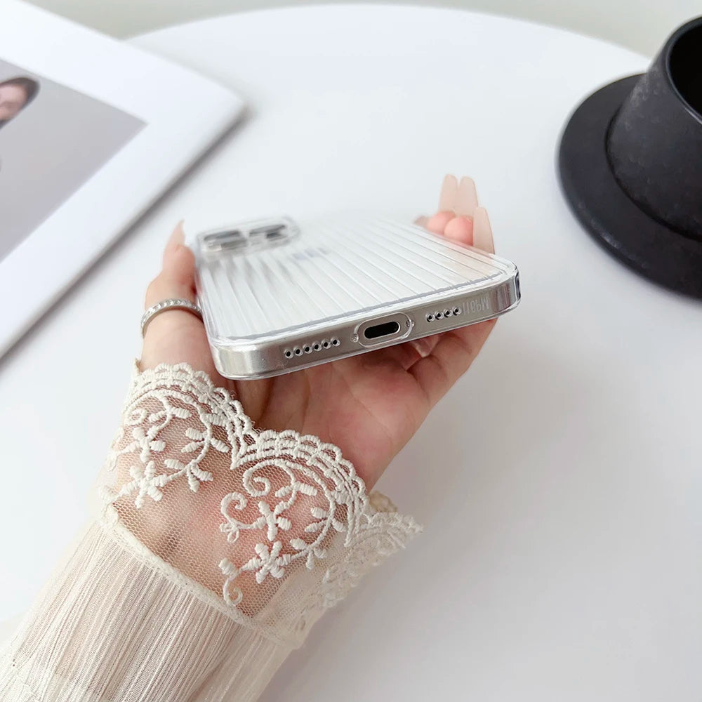 Metal Button Key Vertical Stripe Corrugated Clear Phone Case for IPhone 13 14 15 16 Pro Max Shockproof PC Protective Back Cover Caseverse