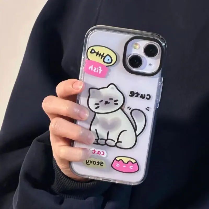 Fish Bone Lovely Little Cat Pattern Phone Case For iPhone 16 15 14 13 12 11 Pro Max XR XS 7 8 Plus Transparent Shockproof Cover - Caseverse