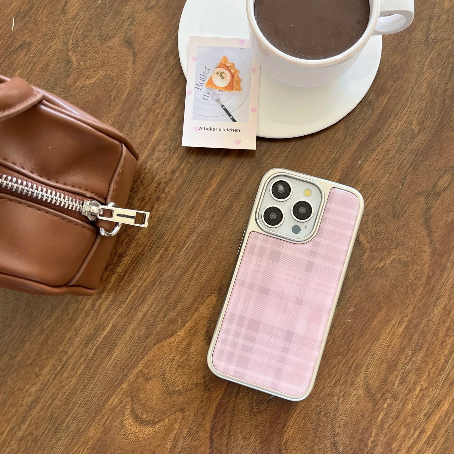 Stylish Simple Electroplate Pink Plaid Pattern Solid Color Phone for iPhone 13 14 15 16 Pro Max Glossy Shockproof Phone Case