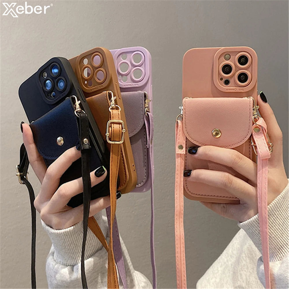 Wallet Leather Crossbody Neckband Lanyard Phone Case for iPhone 15 14 11 12 13 Pro Max X XS XR 7 8 Plus Luxury Card Holder Cover - Caseverse
