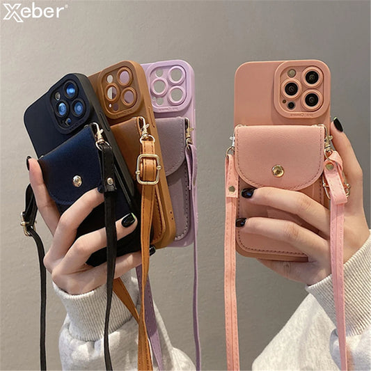 Wallet Leather Crossbody Neckband Lanyard Phone Case for iPhone 15 14 11 12 13 Pro Max X XS XR 7 8 Plus Luxury Card Holder Cover - Caseverse