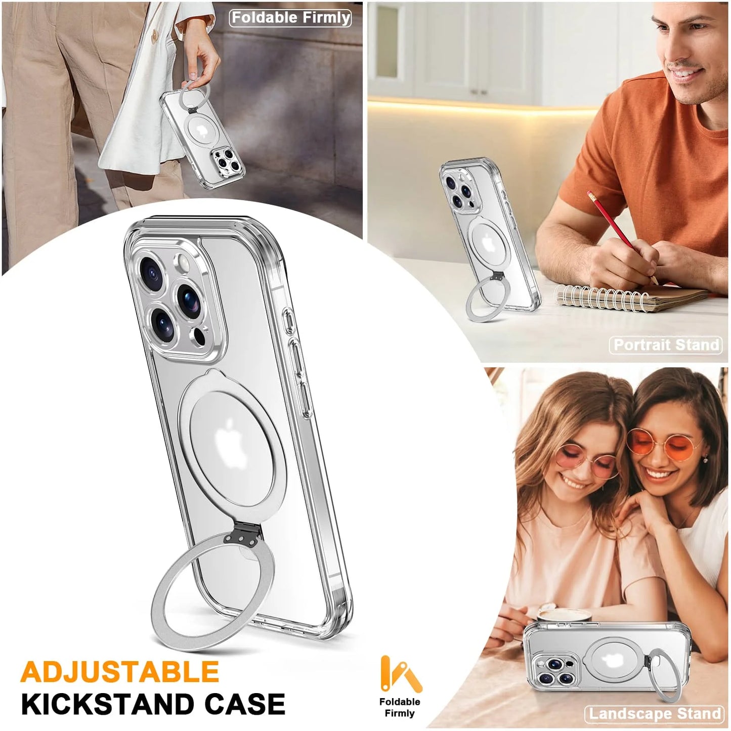 Case for iPhone 16/15/14/13 Pro Max 16 15 14 Plus, Built-in PET Screen Protector with Ring Holder Kickstand, Full Body Cover - Caseverse