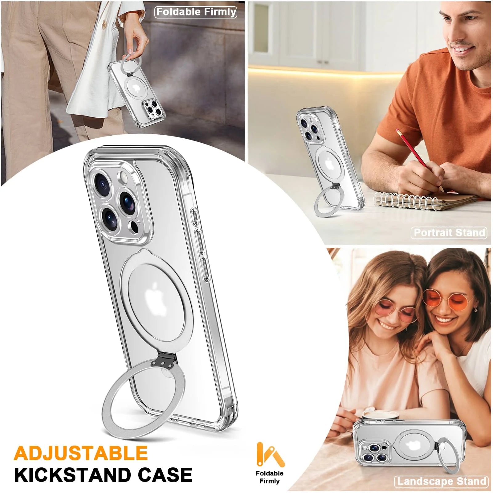 Case for iPhone 16/15/14/13 Pro Max 16 15 14 Plus, Built-in PET Screen Protector with Ring Holder Kickstand, Full Body Cover - Caseverse