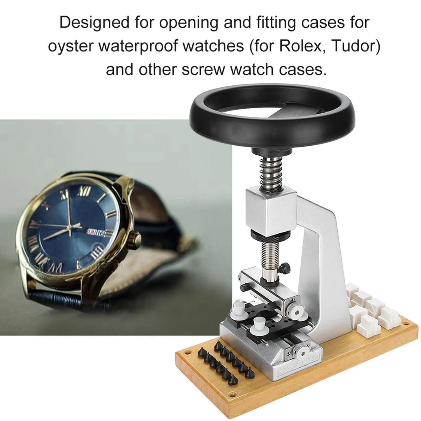 Bench Watch Case Opener Bench Watch Case Opener Wristwatch Tool Back Opener with 6 Dies Watch Repair Tool Watch Case Remover